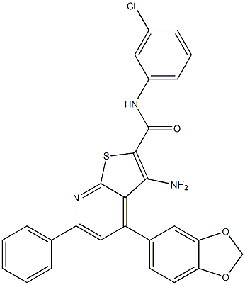 3-amino-4-(1,3-benzodioxol-5-yl)-N-(3-chlorophenyl)-6-phenylthieno[2,3-b]pyridine-2-carboxamide 结构式