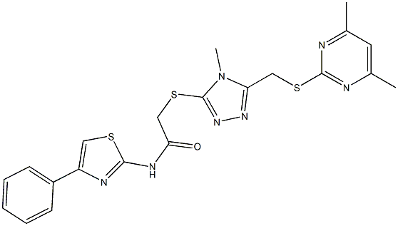 2-[(5-{[(4,6-dimethylpyrimidin-2-yl)sulfanyl]methyl}-4-methyl-4H-1,2,4-triazol-3-yl)sulfanyl]-N-(4-phenyl-1,3-thiazol-2-yl)acetamide 结构式