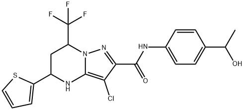 3-chloro-N-[4-(1-hydroxyethyl)phenyl]-5-(2-thienyl)-7-(trifluoromethyl)-4,5,6,7-tetrahydropyrazolo[1,5-a]pyrimidine-2-carboxamide 结构式