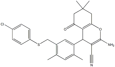 2-amino-4-(5-{[(4-chlorophenyl)sulfanyl]methyl}-2,4-dimethylphenyl)-7,7-dimethyl-5-oxo-5,6,7,8-tetrahydro-4H-chromene-3-carbonitrile 结构式