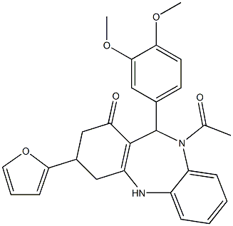 10-acetyl-11-(3,4-dimethoxyphenyl)-3-(2-furyl)-2,3,4,5,10,11-hexahydro-1H-dibenzo[b,e][1,4]diazepin-1-one 结构式