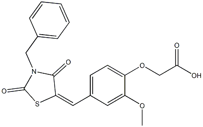 {4-[(3-benzyl-2,4-dioxo-1,3-thiazolidin-5-ylidene)methyl]-2-methoxyphenoxy}acetic acid 结构式