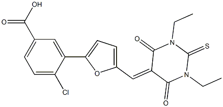 4-chloro-3-{5-[(1,3-diethyl-4,6-dioxo-2-thioxotetrahydro-5(2H)-pyrimidinylidene)methyl]-2-furyl}benzoic acid 结构式