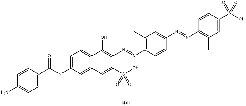 2-Naphthalenesulfonic acid, 7-[(4-aminobenzoyl)amino]-4-hydroxy-3-[[2-methyl-4-[(2-methyl-4-sulfophenyl)azo]phenyl]azo]-, disodium salt 结构式