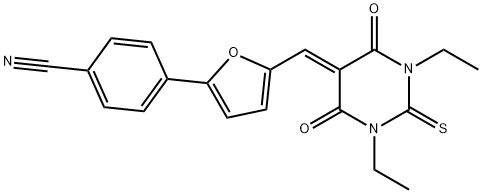4-{5-[(1,3-diethyl-4,6-dioxo-2-thioxotetrahydro-5(2H)-pyrimidinylidene)methyl]-2-furyl}benzonitrile 结构式