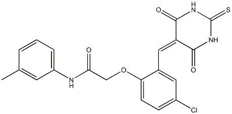 2-{4-chloro-2-[(4,6-dioxo-2-thioxotetrahydro-5(2H)-pyrimidinylidene)methyl]phenoxy}-N-(3-methylphenyl)acetamide 结构式