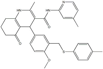 4-(4-methoxy-3-{[(4-methylphenyl)sulfanyl]methyl}phenyl)-2-methyl-N-(4-methylpyridin-2-yl)-5-oxo-1,4,5,6,7,8-hexahydroquinoline-3-carboxamide 结构式