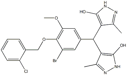 4-[{3-bromo-4-[(2-chlorobenzyl)oxy]-5-methoxyphenyl}(5-hydroxy-3-methyl-1H-pyrazol-4-yl)methyl]-3-methyl-1H-pyrazol-5-ol 结构式