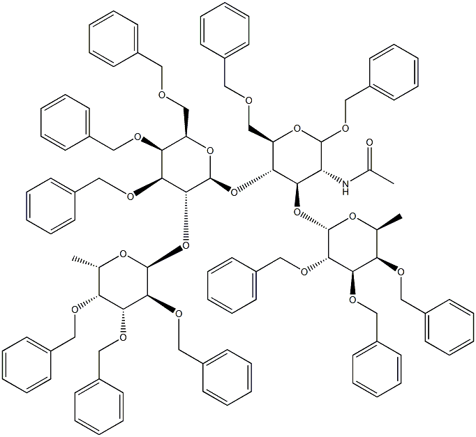 2-乙酰氨基-1,6-二-O-苄基-3-O-(2,3,4-三-O-苄基-Α-L-呋喃糖基)-4-O-〔2-O-(2,3-,4-三-O-苄基Α-FUCOPYRANOSYL)-3,4,6三-O-苄基BD-D-吡喃半乳糖] -2-脱氧D-D-吡喃葡萄糖苷 结构式