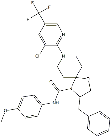 3-benzyl-8-[3-chloro-5-(trifluoromethyl)-2-pyridinyl]-N-(4-methoxyphenyl)-1-oxa-4,8-diazaspiro[4.5]decane-4-carboxamide 结构式