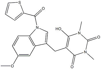 6-hydroxy-5-{[5-methoxy-1-(2-thienylcarbonyl)-1H-indol-3-yl]methyl}-1,3-dimethyl-2,4(1H,3H)-pyrimidinedione 结构式