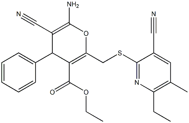 ethyl 6-amino-5-cyano-2-{[(3-cyano-6-ethyl-5-methyl-2-pyridinyl)sulfanyl]methyl}-4-phenyl-4H-pyran-3-carboxylate 结构式