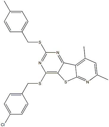 4-chlorobenzyl 7,9-dimethyl-2-[(4-methylbenzyl)sulfanyl]pyrido[3',2':4,5]thieno[3,2-d]pyrimidin-4-yl sulfide 结构式