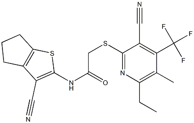 N-(3-cyano-5,6-dihydro-4H-cyclopenta[b]thiophen-2-yl)-2-{[3-cyano-6-ethyl-5-methyl-4-(trifluoromethyl)-2-pyridinyl]sulfanyl}acetamide 结构式