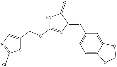 5-[(E)-1,3-benzodioxol-5-ylmethylidene]-2-{[(2-chloro-1,3-thiazol-5-yl)methyl]sulfanyl}-3,5-dihydro-4H-imidazol-4-one 结构式
