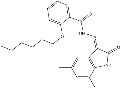 N'-(5,7-dimethyl-2-oxo-1,2-dihydro-3H-indol-3-ylidene)-2-(hexyloxy)benzohydrazide 结构式