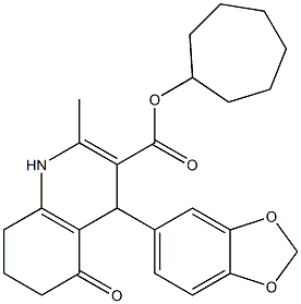 cycloheptyl 4-(1,3-benzodioxol-5-yl)-2-methyl-5-oxo-1,4,5,6,7,8-hexahydro-3-quinolinecarboxylate 结构式