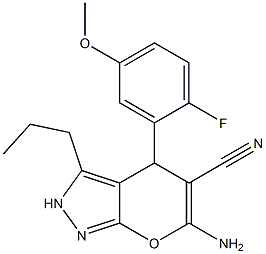 6-amino-4-[2-fluoro-5-(methyloxy)phenyl]-3-propyl-2,4-dihydropyrano[2,3-c]pyrazole-5-carbonitrile 结构式