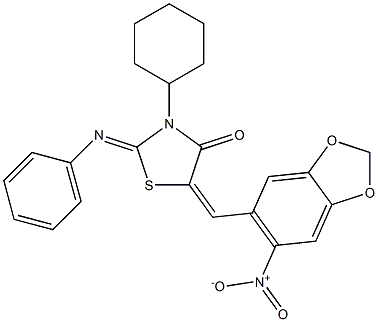 3-cyclohexyl-5-({6-nitro-1,3-benzodioxol-5-yl}methylene)-2-(phenylimino)-1,3-thiazolidin-4-one 结构式