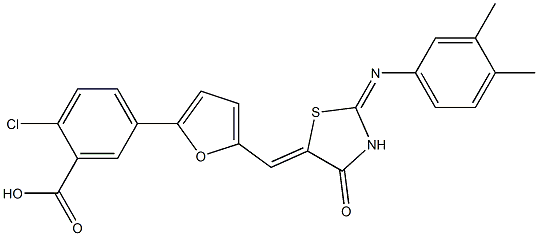 2-chloro-5-[5-({2-[(3,4-dimethylphenyl)imino]-4-oxo-1,3-thiazolidin-5-ylidene}methyl)-2-furyl]benzoic acid 结构式