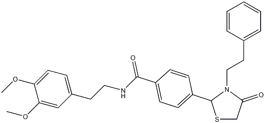 N-[2-(3,4-dimethoxyphenyl)ethyl]-4-[4-oxo-3-(2-phenylethyl)-1,3-thiazolidin-2-yl]benzamide 结构式