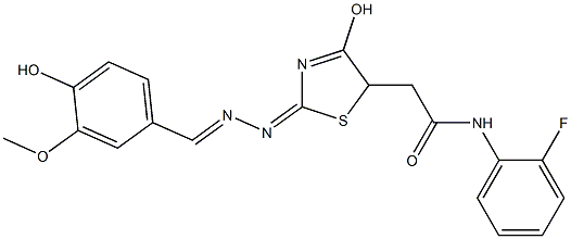 N-(2-fluorophenyl)-2-{4-hydroxy-2-[(4-hydroxy-3-methoxybenzylidene)hydrazono]-2,5-dihydro-1,3-thiazol-5-yl}acetamide 结构式