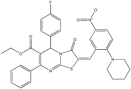 ethyl 5-(4-fluorophenyl)-2-[5-nitro-2-(1-piperidinyl)benzylidene]-3-oxo-7-phenyl-2,3-dihydro-5H-[1,3]thiazolo[3,2-a]pyrimidine-6-carboxylate 结构式