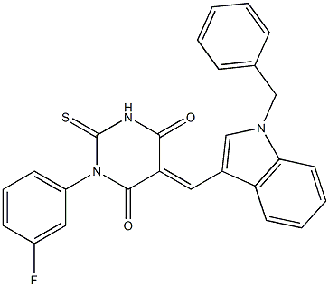 5-[(1-benzyl-1H-indol-3-yl)methylene]-1-(3-fluorophenyl)-2-thioxodihydro-4,6(1H,5H)-pyrimidinedione 结构式