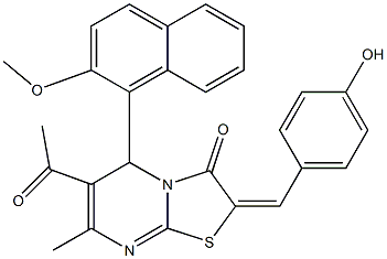 6-acetyl-2-(4-hydroxybenzylidene)-5-(2-methoxy-1-naphthyl)-7-methyl-5H-[1,3]thiazolo[3,2-a]pyrimidin-3(2H)-one 结构式