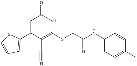 2-{[3-cyano-6-oxo-4-(2-thienyl)-1,4,5,6-tetrahydro-2-pyridinyl]sulfanyl}-N-(4-methylphenyl)acetamide 结构式