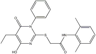 N-(2,6-dimethylphenyl)-2-[(5-ethyl-4-hydroxy-6-oxo-1-phenyl-1,6-dihydropyrimidin-2-yl)sulfanyl]acetamide 结构式