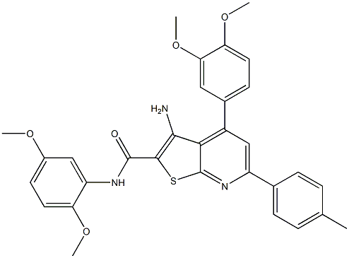 3-amino-N-(2,5-dimethoxyphenyl)-4-(3,4-dimethoxyphenyl)-6-(4-methylphenyl)thieno[2,3-b]pyridine-2-carboxamide 结构式