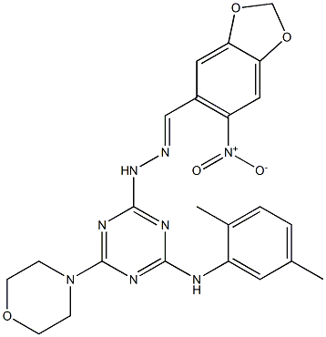 6-nitro-1,3-benzodioxole-5-carbaldehyde [4-(2,5-dimethylanilino)-6-(4-morpholinyl)-1,3,5-triazin-2-yl]hydrazone 结构式