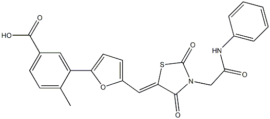 3-(5-{[3-(2-anilino-2-oxoethyl)-2,4-dioxo-1,3-thiazolidin-5-ylidene]methyl}-2-furyl)-4-methylbenzoic acid 结构式