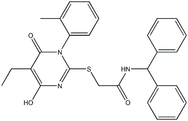 N-benzhydryl-2-{[5-ethyl-4-hydroxy-1-(2-methylphenyl)-6-oxo-1,6-dihydropyrimidin-2-yl]sulfanyl}acetamide 结构式