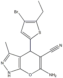 6-amino-4-(4-bromo-5-ethylthien-2-yl)-3-methyl-1,4-dihydropyrano[2,3-c]pyrazole-5-carbonitrile 结构式