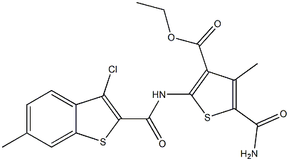 ethyl 5-(aminocarbonyl)-2-{[(3-chloro-6-methyl-1-benzothien-2-yl)carbonyl]amino}-4-methyl-3-thiophenecarboxylate 结构式