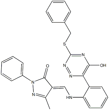 4-({2-[3-(benzylsulfanyl)-5-hydroxy-1,2,4-triazin-6-yl]anilino}methylene)-5-methyl-2-phenyl-2,4-dihydro-3H-pyrazol-3-one 结构式