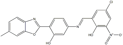 4-chloro-2-({[3-hydroxy-4-(6-methyl-1,3-benzoxazol-2-yl)phenyl]imino}methyl)-6-nitrophenol 结构式