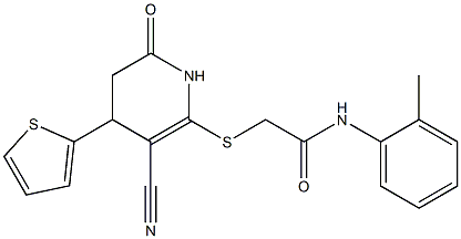 2-{[3-cyano-6-oxo-4-(2-thienyl)-1,4,5,6-tetrahydro-2-pyridinyl]sulfanyl}-N-(2-methylphenyl)acetamide 结构式