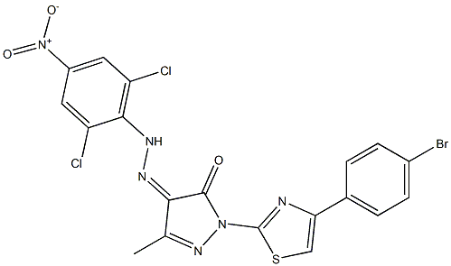 1-[4-(4-bromophenyl)-1,3-thiazol-2-yl]-3-methyl-1H-pyrazole-4,5-dione 4-[N-(2,6-dichloro-4-nitrophenyl)hydrazone] 结构式