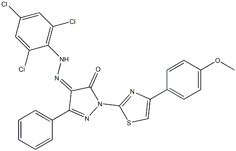 1-[4-(4-methoxyphenyl)-1,3-thiazol-2-yl]-3-phenyl-1H-pyrazole-4,5-dione 4-[N-(2,4,6-trichlorophenyl)hydrazone] 结构式
