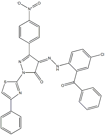 3-(4-nitrophenyl)-1-(4-phenyl-1,3-thiazol-2-yl)-1H-pyrazole-4,5-dione 4-[N-(2-benzoyl-4-chlorophenyl)hydrazone] 结构式