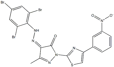 3-methyl-1-[4-(3-nitrophenyl)-1,3-thiazol-2-yl]-1H-pyrazole-4,5-dione 4-[N-(2,4,6-tribromophenyl)hydrazone] 结构式