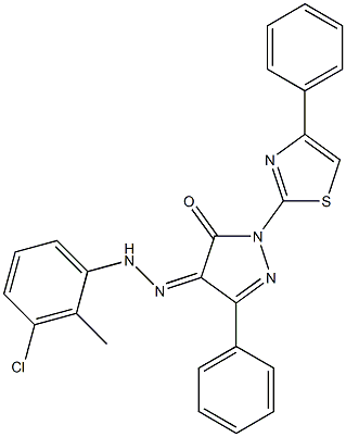 3-phenyl-1-(4-phenyl-1,3-thiazol-2-yl)-1H-pyrazole-4,5-dione 4-[N-(3-chloro-2-methylphenyl)hydrazone] 结构式