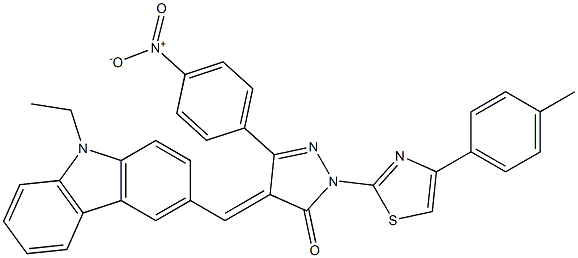 4-[(E)-(9-ethyl-9H-carbazol-3-yl)methylidene]-2-[4-(4-methylphenyl)-1,3-thiazol-2-yl]-5-(4-nitrophenyl)-2,4-dihydro-3H-pyrazol-3-one 结构式