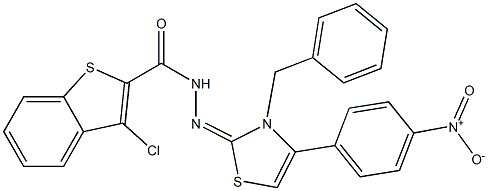 3-Chloro-N'-[(3-benzyl-4-(4-nitrophenyl)-2,3-dihydrothiazol)-2-ylidene]benzo[b]thiophene-2-carbohydrazide 结构式