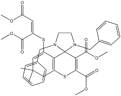 1',3'-Dibenzyl-7,8-dihydro-5-[[(E)-1,2-bis(methoxycarbonyl)ethenyl]thio]-7,7-dimethylspiro[4H-[1]benzothiopyran-4,2'-imidazolidine]-2,3-dicarboxylic acid dimethyl ester 结构式
