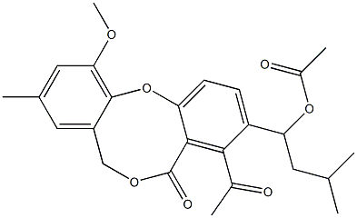 Acetic acid 1-(4-acetyl-11-methoxy-9-methyl-5-oxo-5H,7H-dibenzo[b,g][1,5]dioxocin-3-yl)-3-methylbutyl ester 结构式