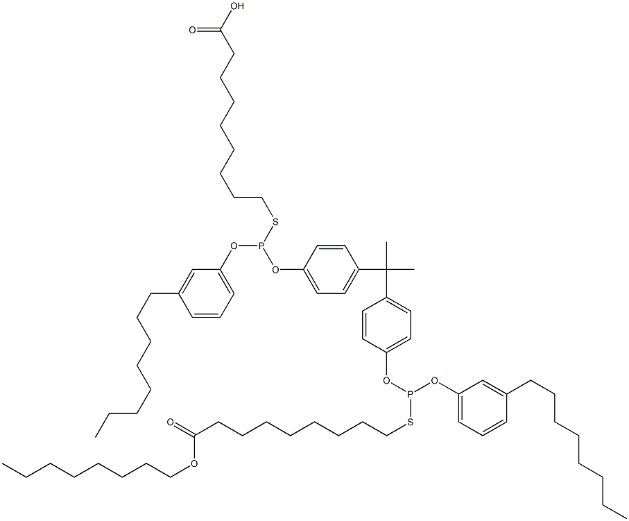 9,9'-[[Isopropylidenebis(4,1-phenyleneoxy)]bis[[(3-octylphenyl)oxy]phosphinediylthio]]bis(nonanoic acid octyl) ester 结构式